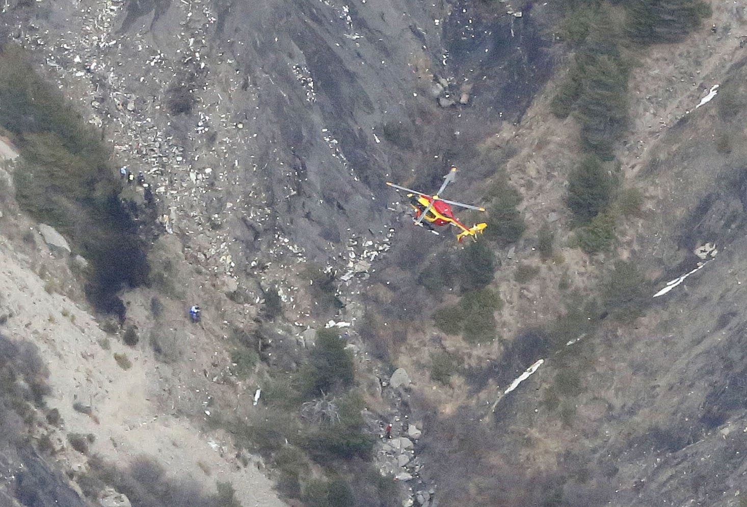 PHOTO: Wreckage is seen where a Germanwings Airbus A320 airliner has crashed in the French Alps between Barcelonnette and Digne on March 24, 2015.