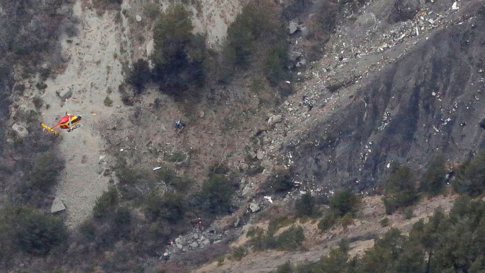 Wreckage is seen where a Germanwings Airbus A320 airliner has crashed in the French Alps between Barcelonnette and Digne on March 24, 2015.