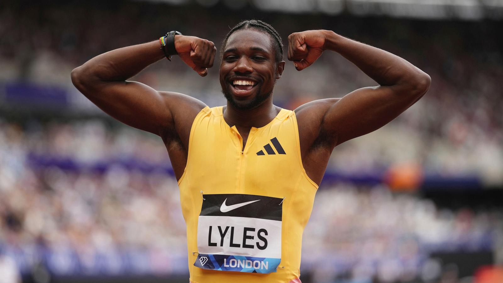 PHOTO: Winner Noah Lyles celebrates after the Men's 100m final during during the Diamond League London Athletics Meet in London, England, Saturday, July 20, 2024.