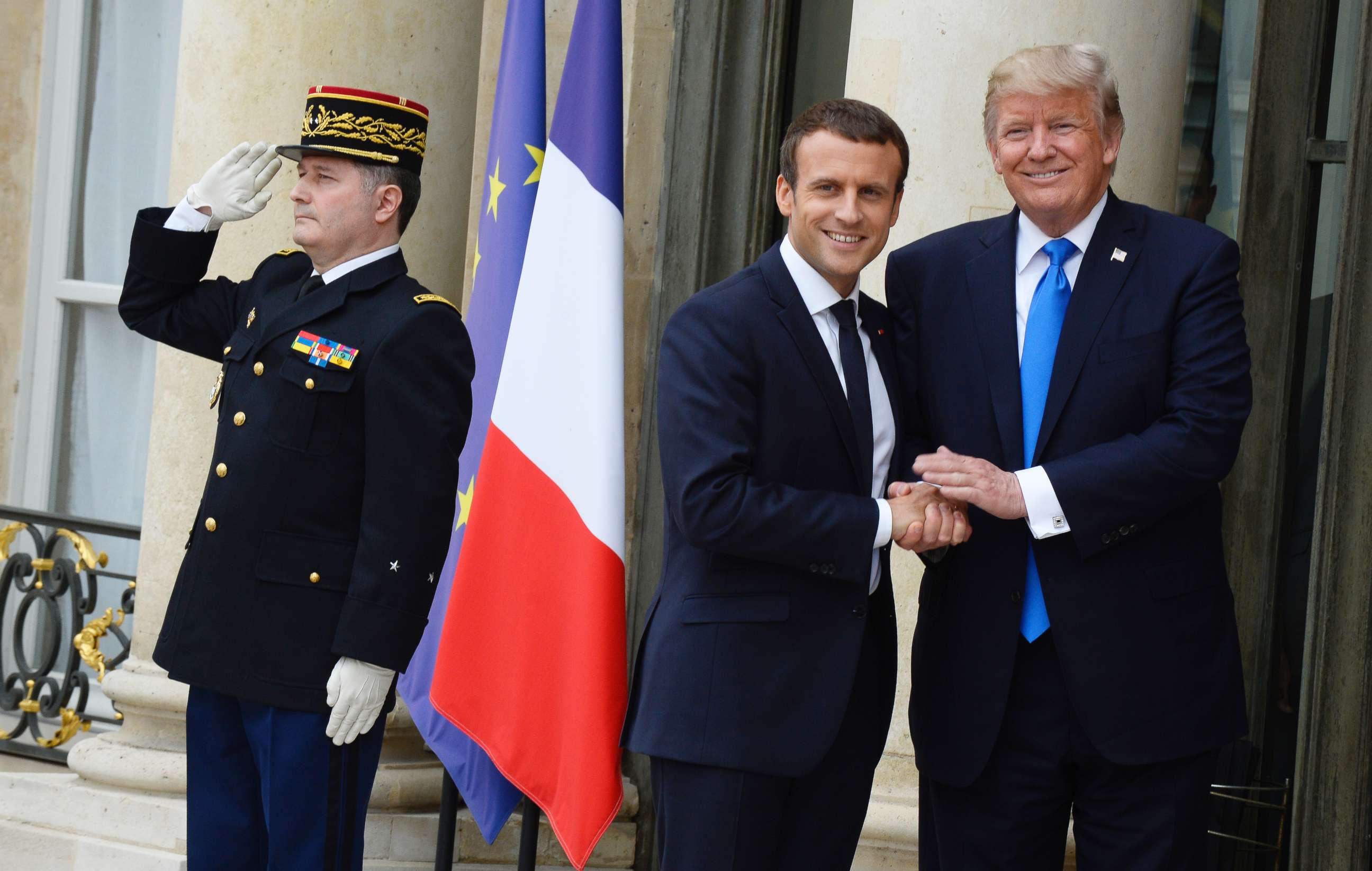 PHOTO: French President Emmanuel Macron receives President Donald Trump at the Elysee Palace, July 13, 2017, in Paris.