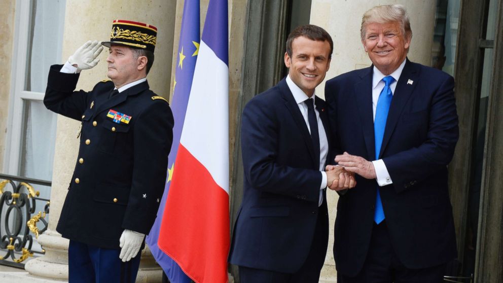 PHOTO: French President Emmanuel Macron receives President Donald Trump at the Elysee Palace, July 13, 2017, in Paris.