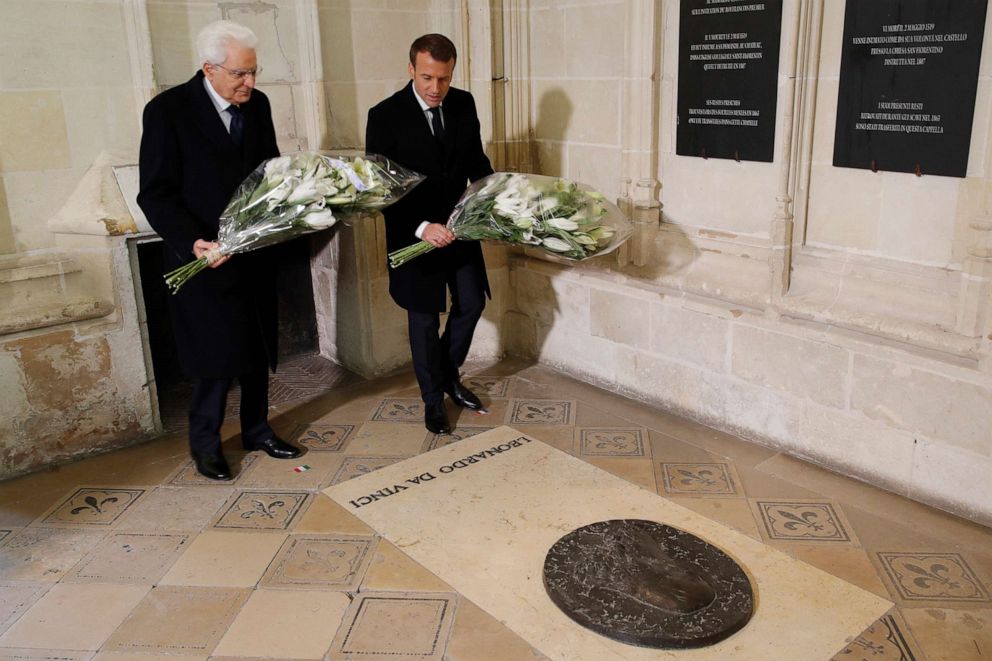 PHOTO:French President Emmanuel Macron and Italian President Sergio Mattarella at the tomb of Italian renaissance painter and scientist Leonardo da Vinci during a visit at the Chateau d'Amboise, in Amboise, south of Paris, May 2, 2019.