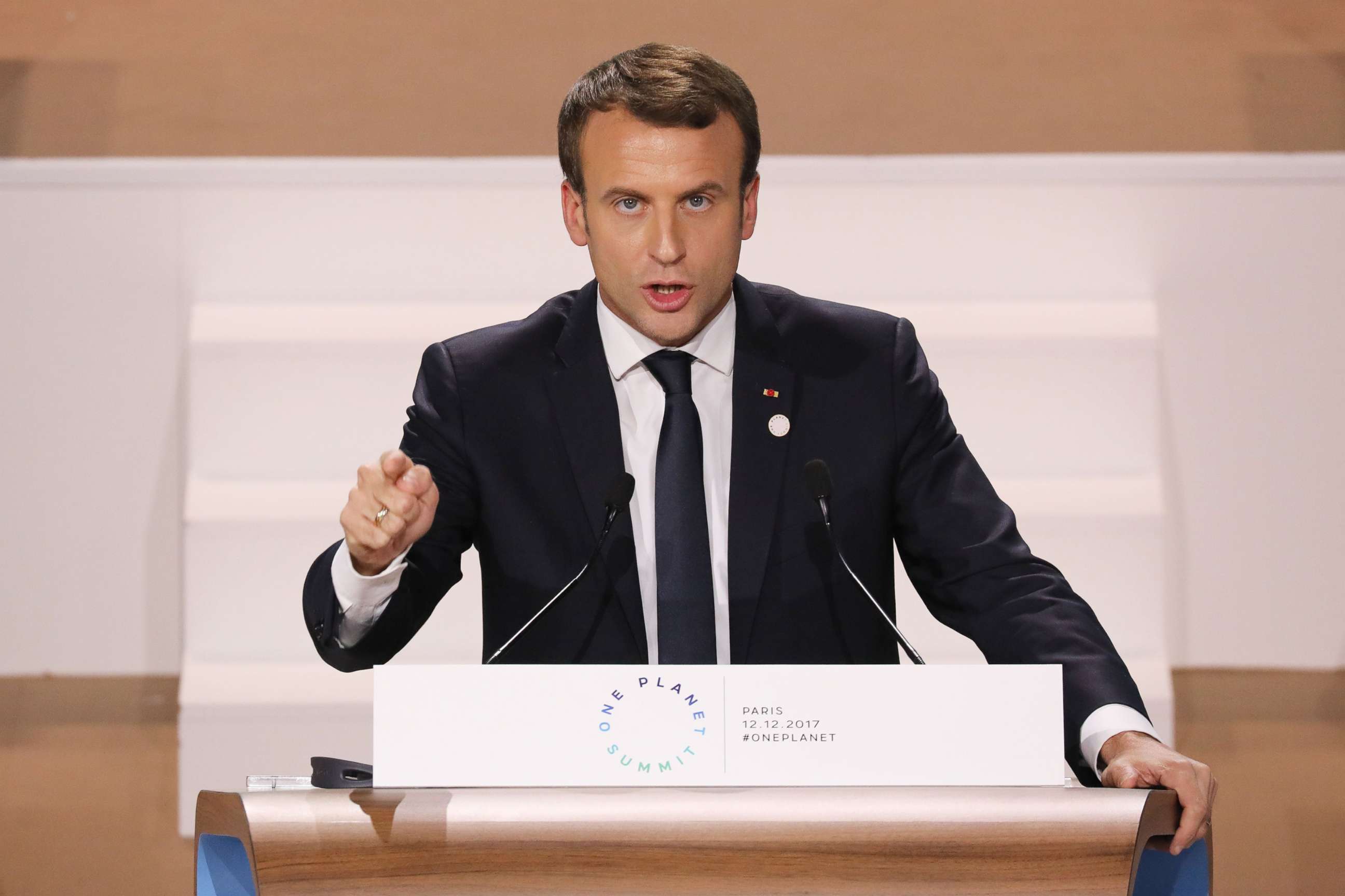 PHOTO: French President Emmanuel Macron delivers a speech at the One Planet Summit in this Dec. 12, 2017 file photo at La Seine Musicale venue on l'ile Seguin in Boulogne-Billancourt, west of Paris.