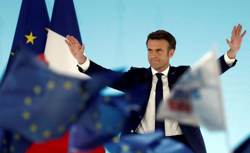 PHOTO: French President Emmanuel Macron reacts on stage after partial results in the first round of the 2022 French presidential election, in Paris, France, April 10, 2022.