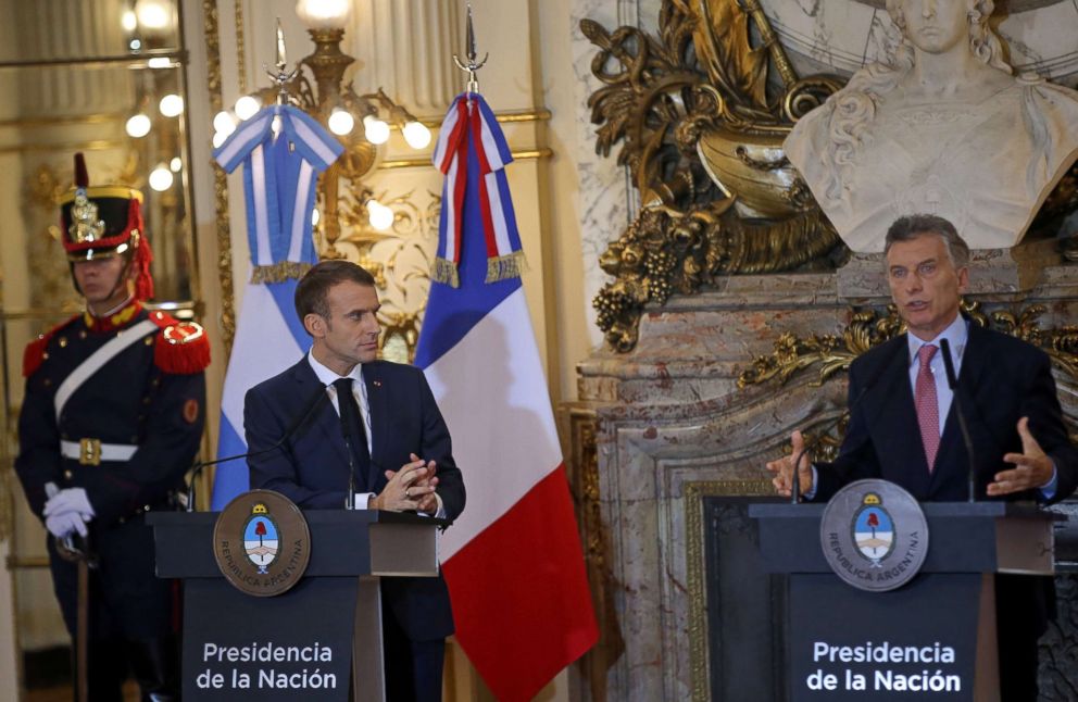 PHOTO: Argentina's President Mauricio Macri, right, and France's President Emmanuel Macron attend a news conference in Buenos Aires, Nov. 29, 2018.