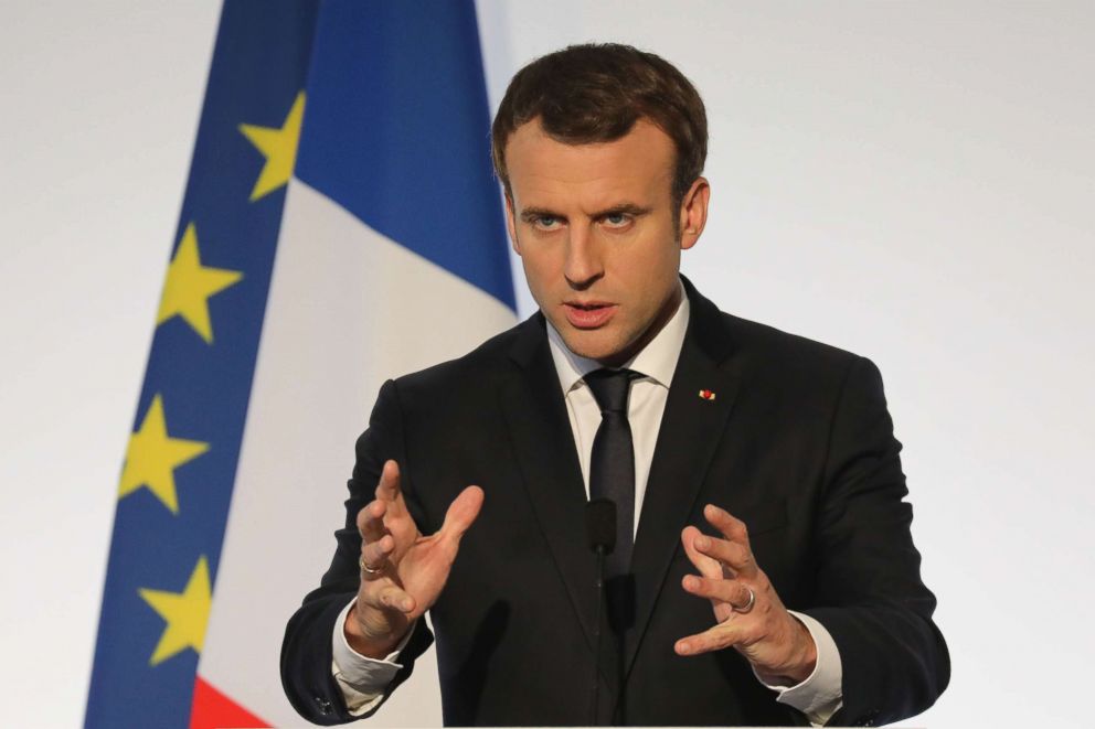 PHOTO: France's President Emmanuel Macron speaks during a press conference, Dec. 13, 2017, at La Celle-Saint-Cloud, near Paris, during a summit from the underfunded G5 Sahel anti-terror coalition.