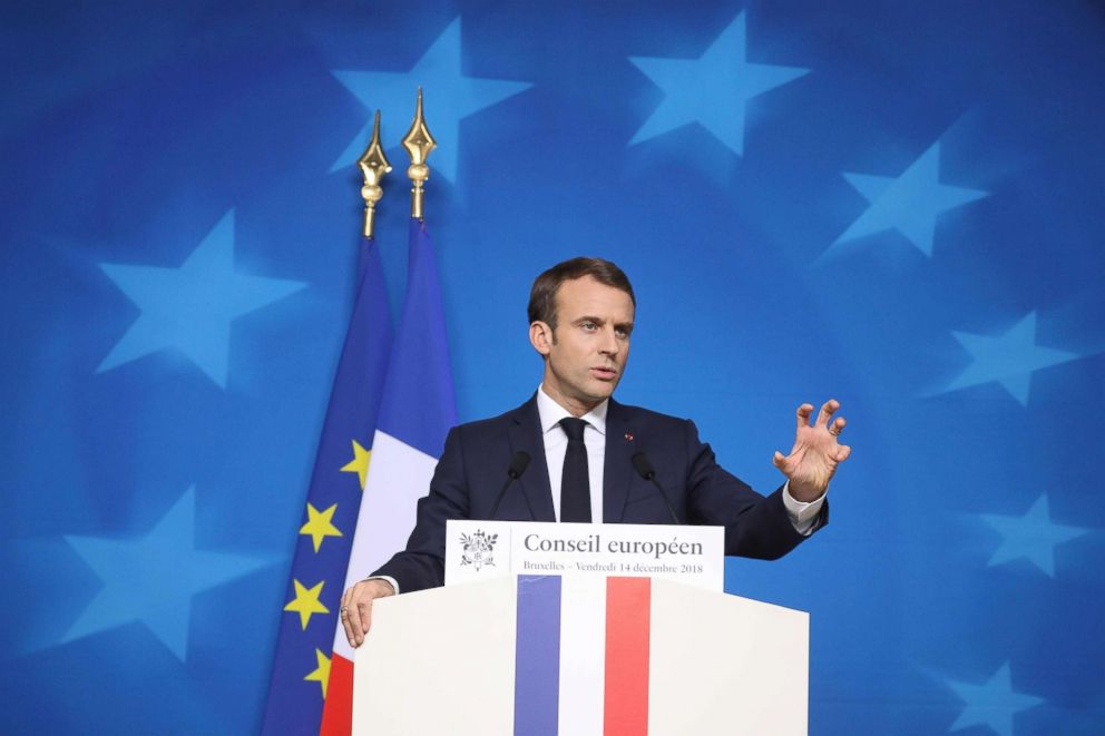 PHOTO: French president Emmanuel Macron gestures during a press conference after the European Council on Dec. 13 2018, in Brussels, Belgium. 