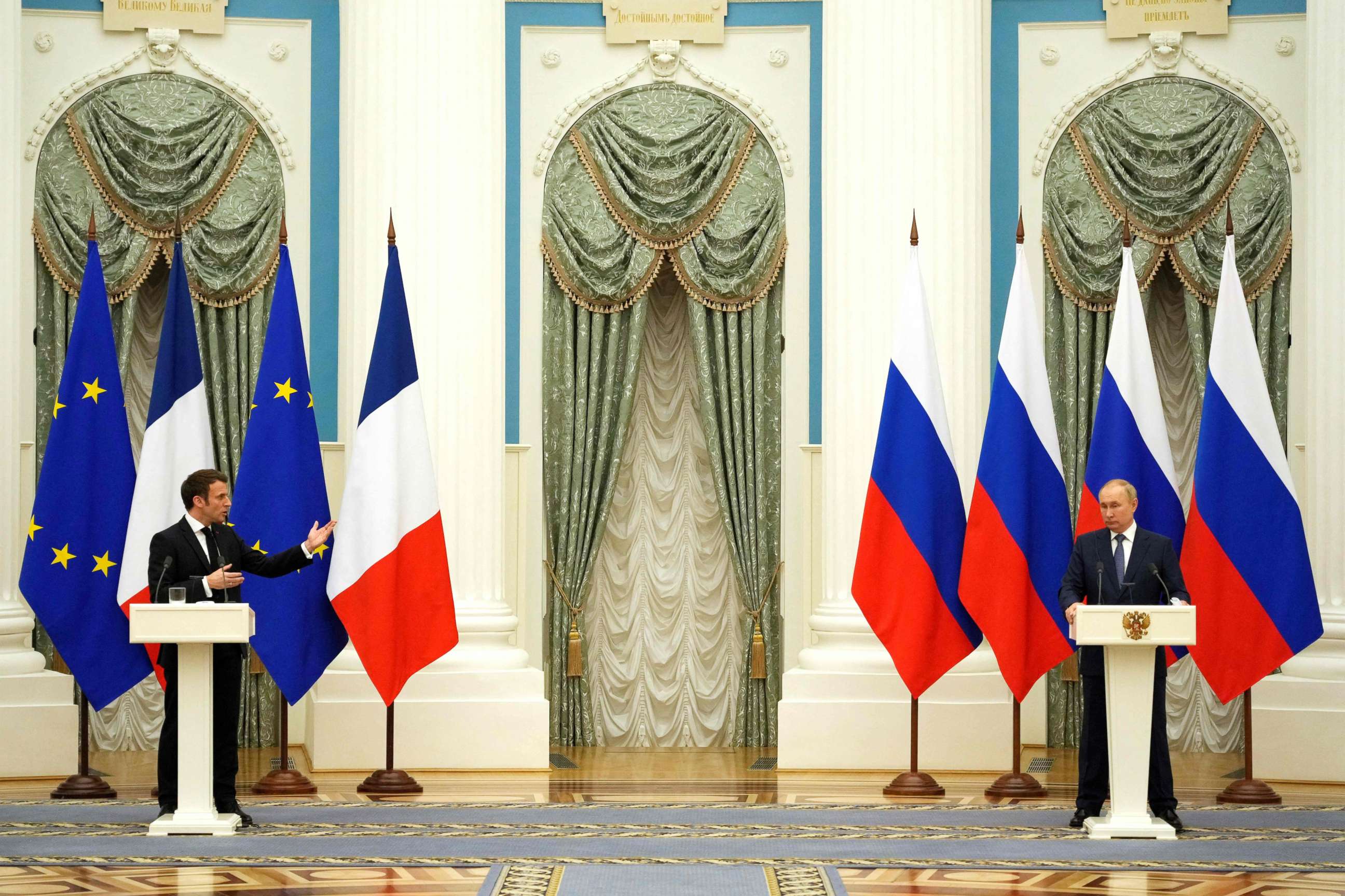PHOTO: Russian President Vladimir Putin, right, listens during a joint press conference with French President Emmanuel Macron in Moscow on Feb. 7, 2022.