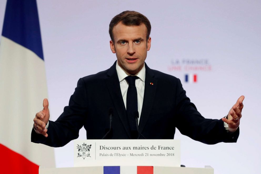 PHOTO: France's President Emmanuel Macron delivers a speech during a meeting with French mayors at the Elysee Palace, in Paris, Nov. 21, 2018. 