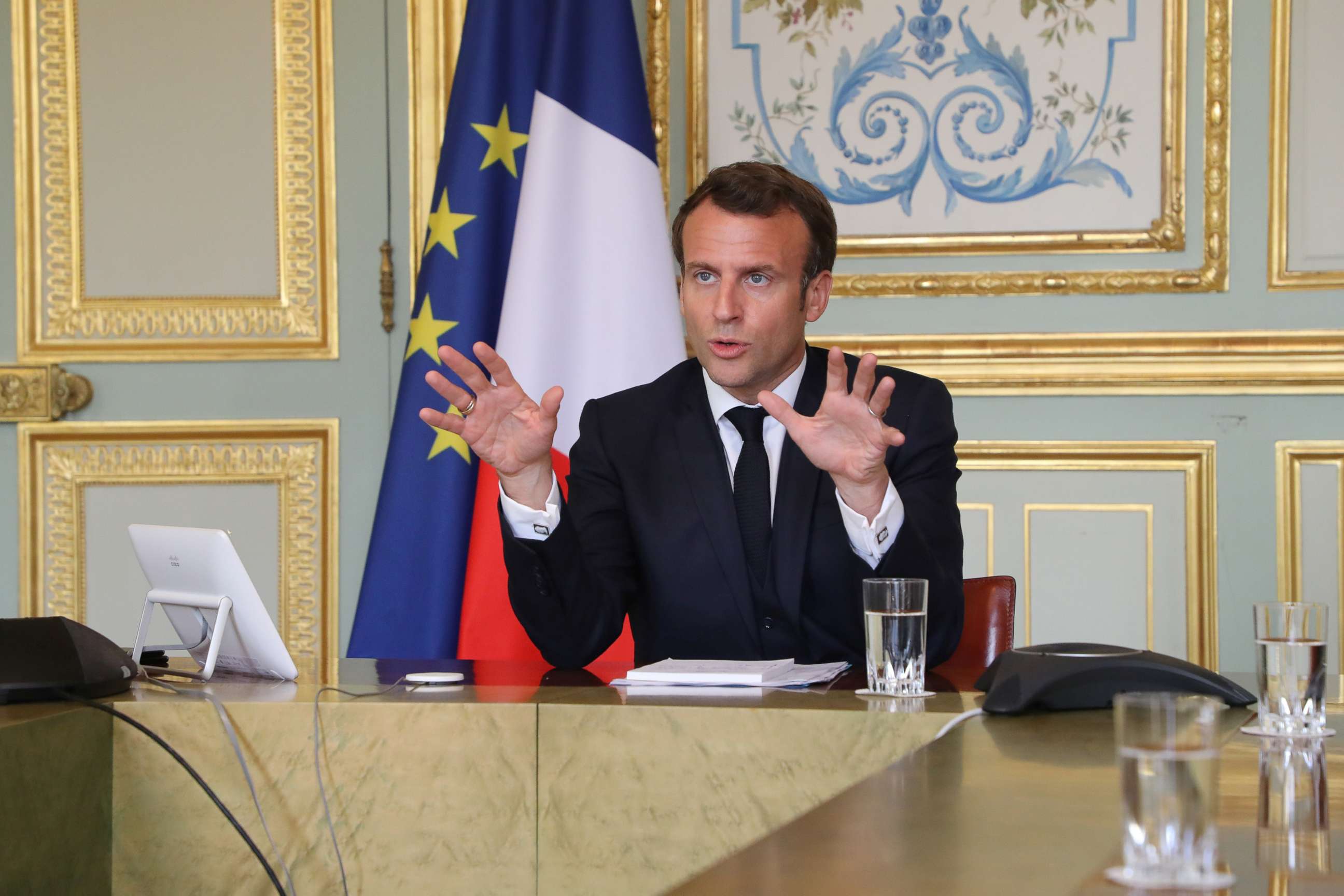 PHOTO: French President Emmanuel Macron takes part in a video conference at the Elysee Palace in Paris, April 8, 2020.