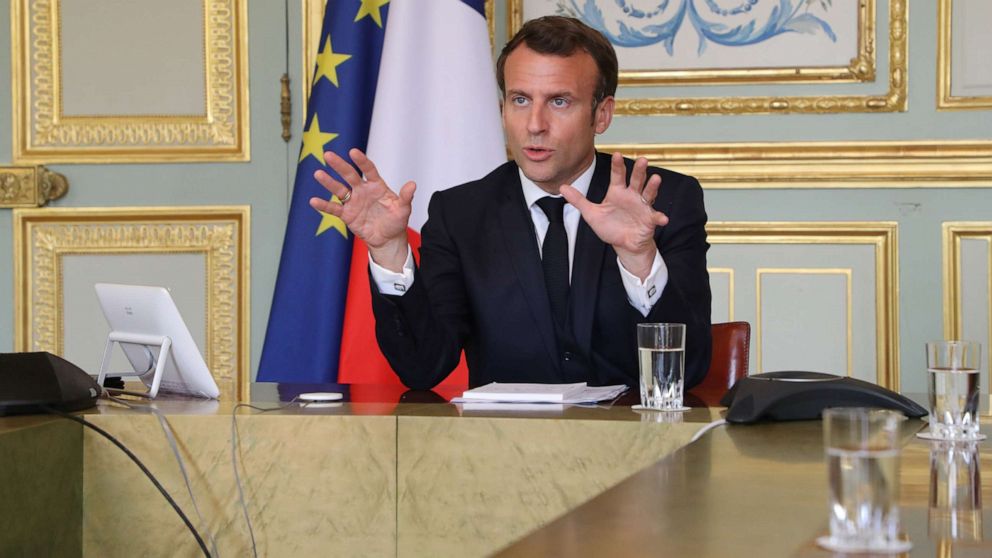 PHOTO: French President Emmanuel Macron takes part in a video conference at the Elysee Palace in Paris, April 8, 2020.