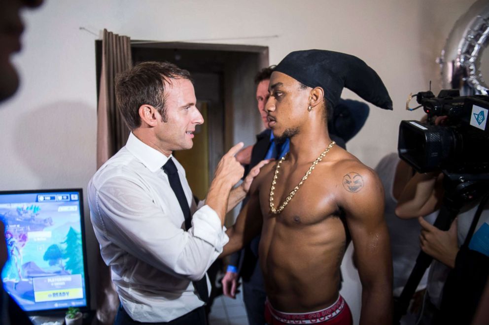 PHOTO: French President Emmanuel Macron meets inhabitants of Quartier Orleans, Sept. 29, 2018, on the French Caribbean island of Saint-Martin.