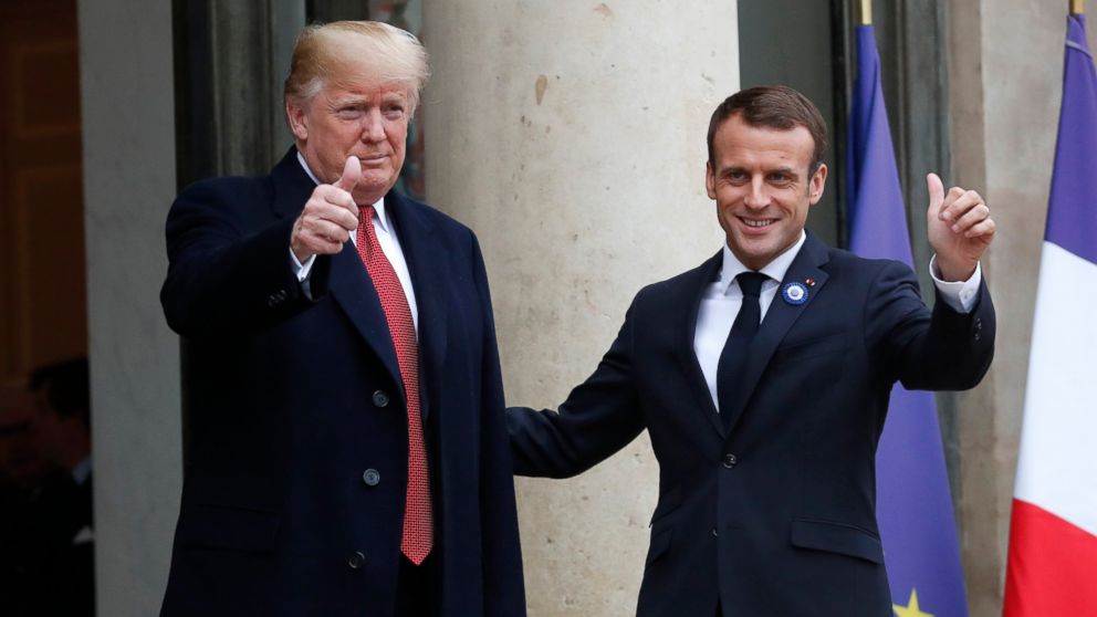 PHOTO: French President Emmanuel Macron, right, and U.S President Donald Trump thumb up at the Elysee Palace in Paris, Saturday, Nov.10, 2018.