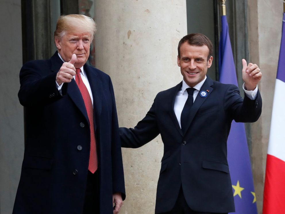 PHOTO: French President Emmanuel Macron, right, and U.S President Donald Trump thumb up at the Elysee Palace in Paris, Saturday, Nov.10, 2018.