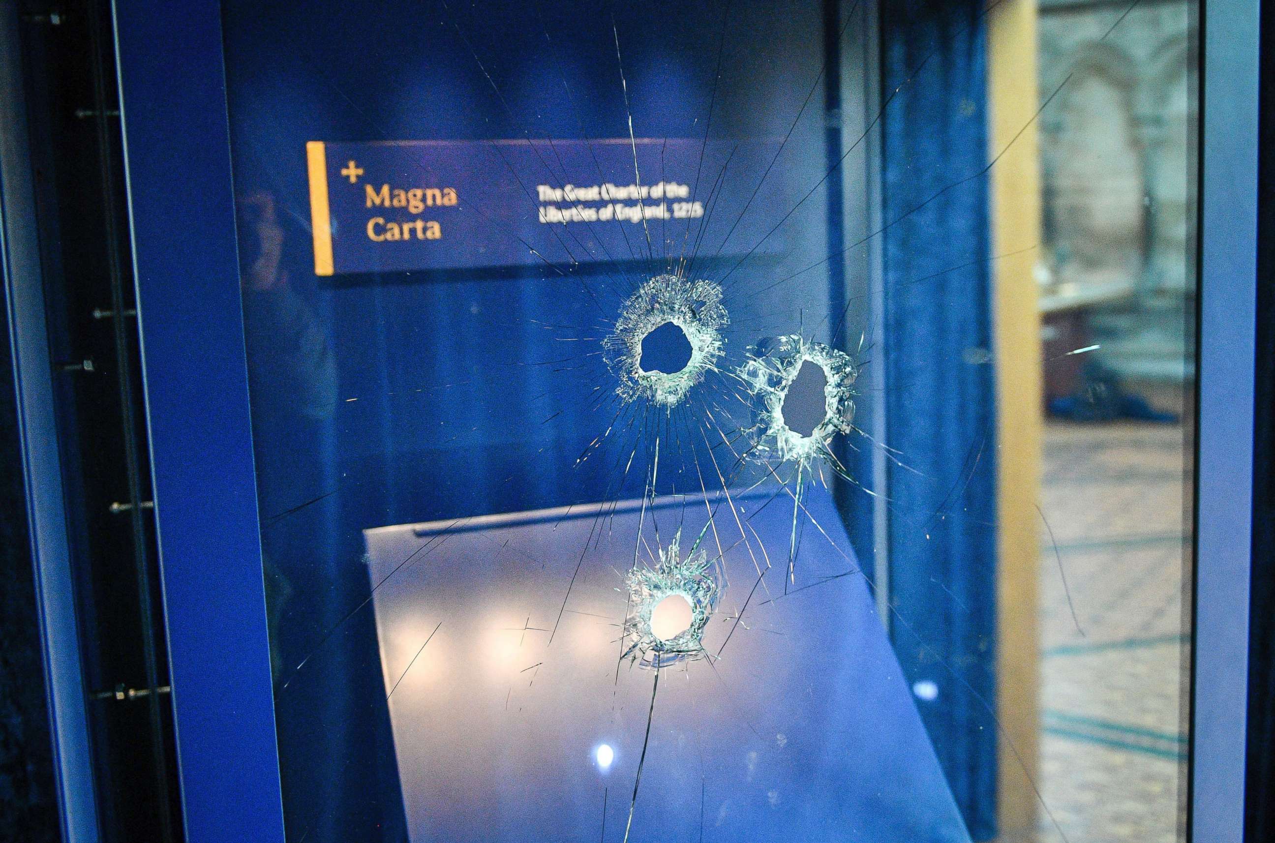 PHOTO: Hammer holes in the glass case that housed the Magna Carta, at Salisbury Cathedral in Salisbury, England, Oct. 26, 2018.