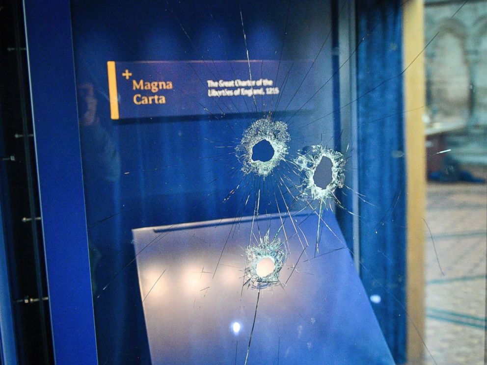 PHOTO: Hammer holes in the glass case that housed the Magna Carta, at Salisbury Cathedral in Salisbury, England, Oct. 26, 2018.