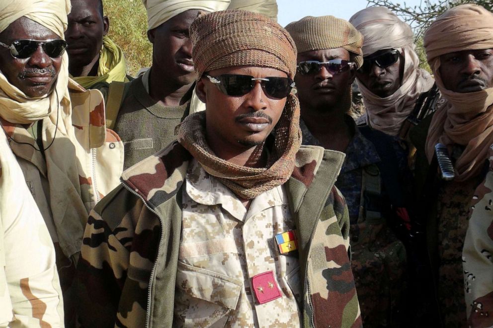 PHOTO: PHOTO: Mahamat Idriss Deby Itno, the son of Chad's late president Idriss Deby Itno, gathers with Chadian army officers in Kidal, northeastern Mali, on Feb. 7, 2013.