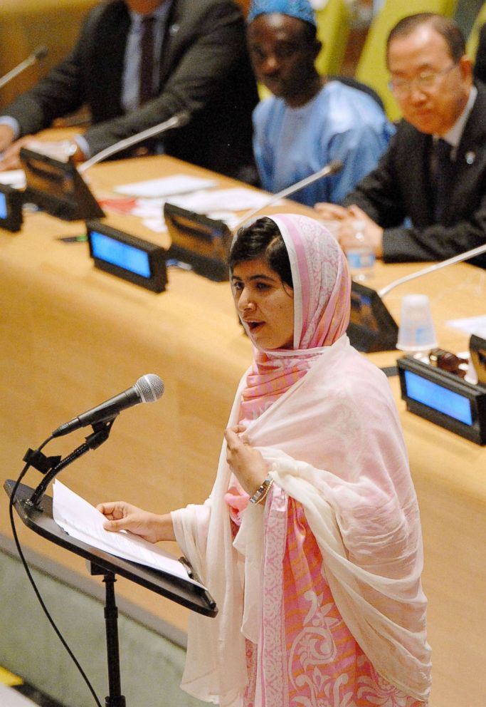 PHOTO: Malala Yousafzai delivers a speech at the U.N. headquarters in New York, July 12, 2013, her first public speech since she was critically injured.