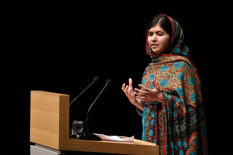 PHOTO: Pakistani rights activist Malala Yousafzai addresses the media in Birmingham, England, October 10, 2014, after receiving the Nobel Peace Prize.