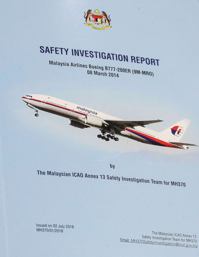 PHOTO: The front cover of the MH370 safety investigation report during a media briefing at the Ministry of Transport headquarters in Putrajaya, Malaysia, July 30, 2018.