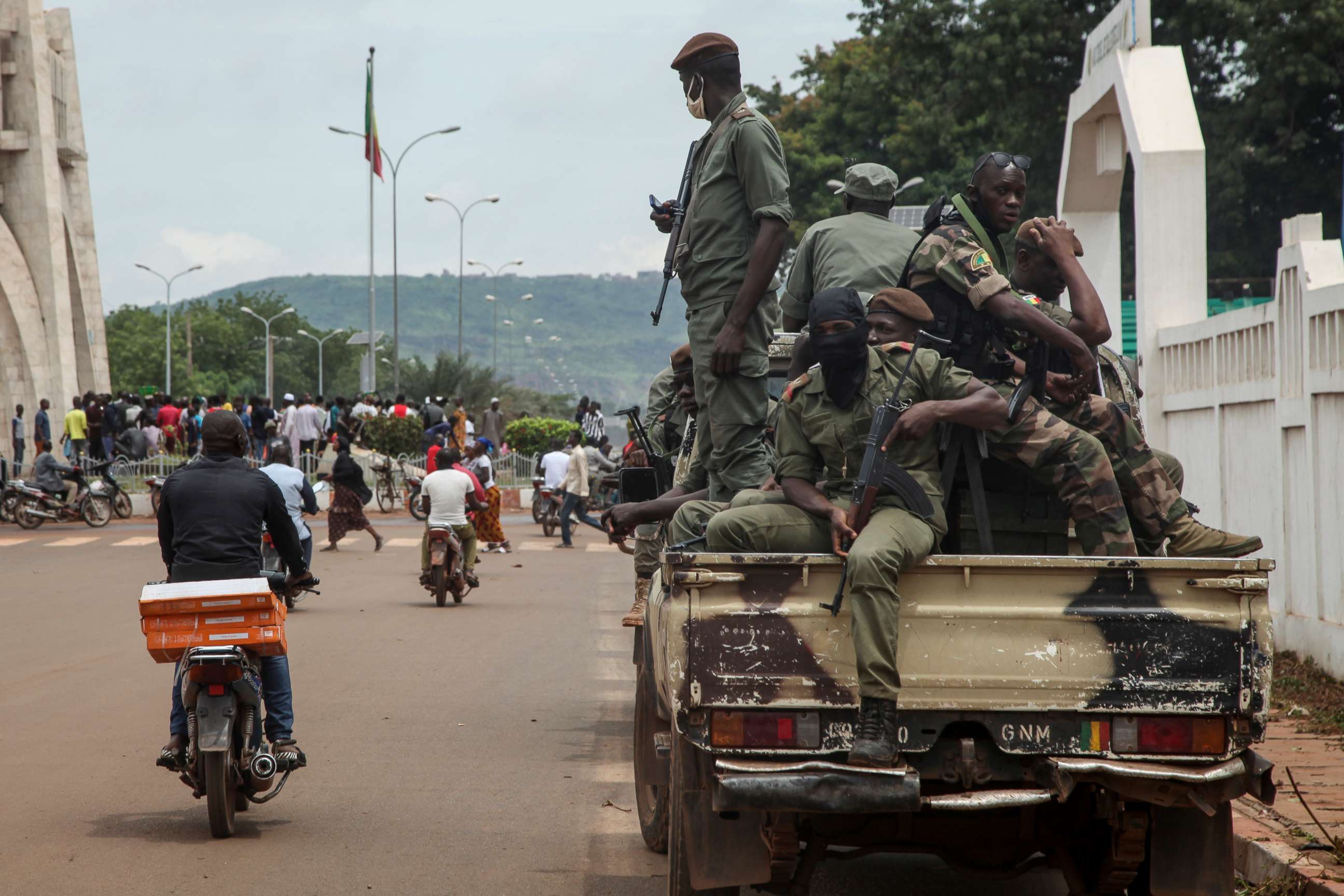 PHOTO: Security forces ride in a truck in the capital Bamako, Mali, Aug. 19, 2020.