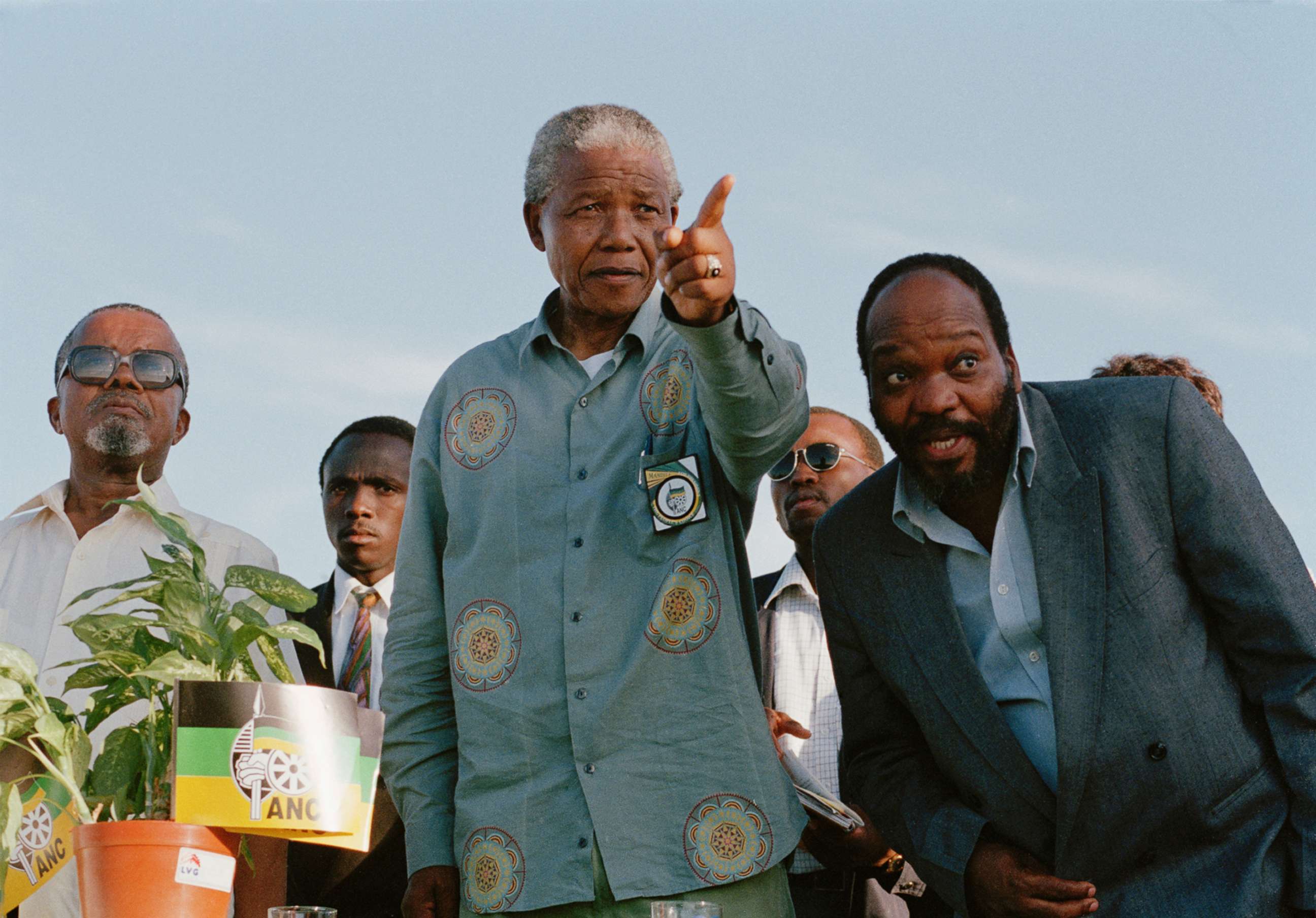 PHOTO: Nelson Mandela gestures while on the campaign trail with Jacob Zuma during South Africa's first democratic elections on April 16, 1994 in Ladysmith, Kwazulu Natal, South Africa. 