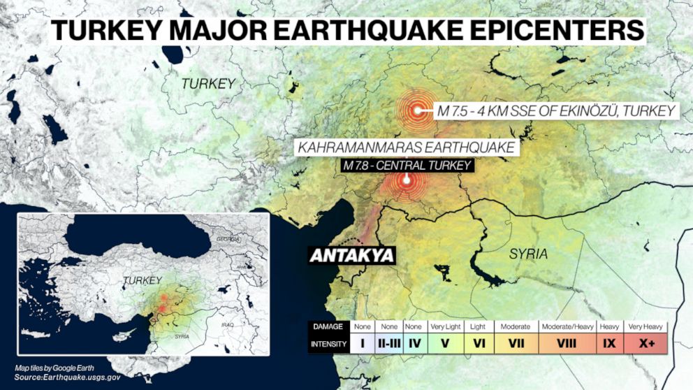 PHOTO: A map shows the epicenters of the 7.8 and 7.5 earthquakes in Turkey.