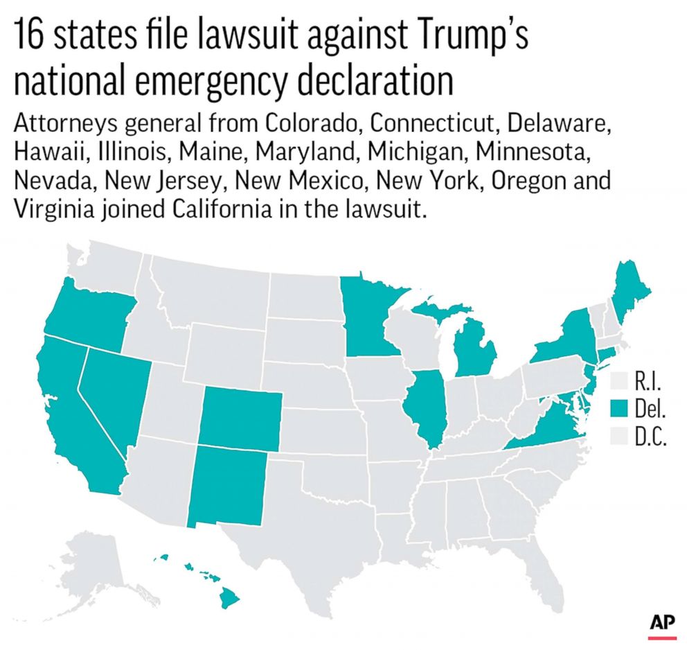 PHOTO: Map highlights the 16 states that have joined to file a lawsuit against Trump's national emergency on border security.