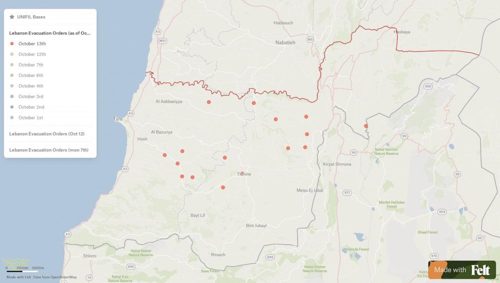 PHOTO: Between October 1st and Oct. 13, 2024, the IDF has ordered the evacuation of 150 towns and villages across southern Lebanon.