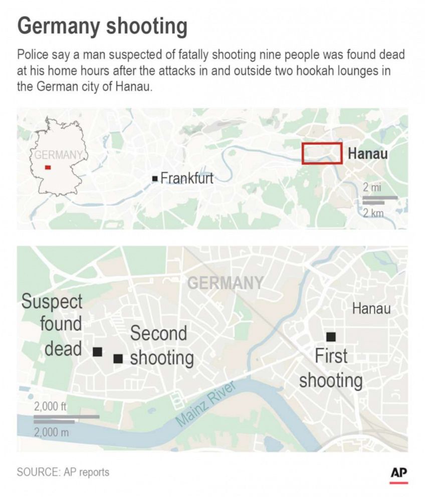 PHOTO: Map shows the location of the shootings in Hanau, Germany.