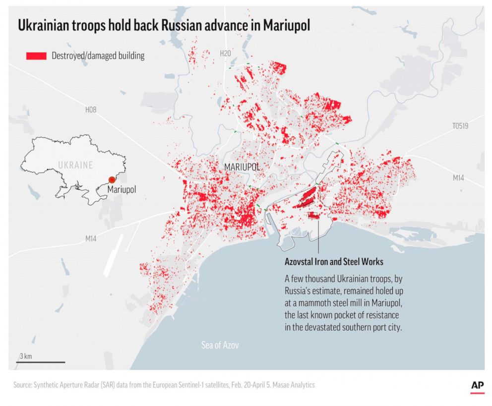 PHOTO: A map shows areas of Mariupol, Ukraine, destroyed and the location where the last pocket of Ukrainian resistance fighters are located, April 18, 2022.