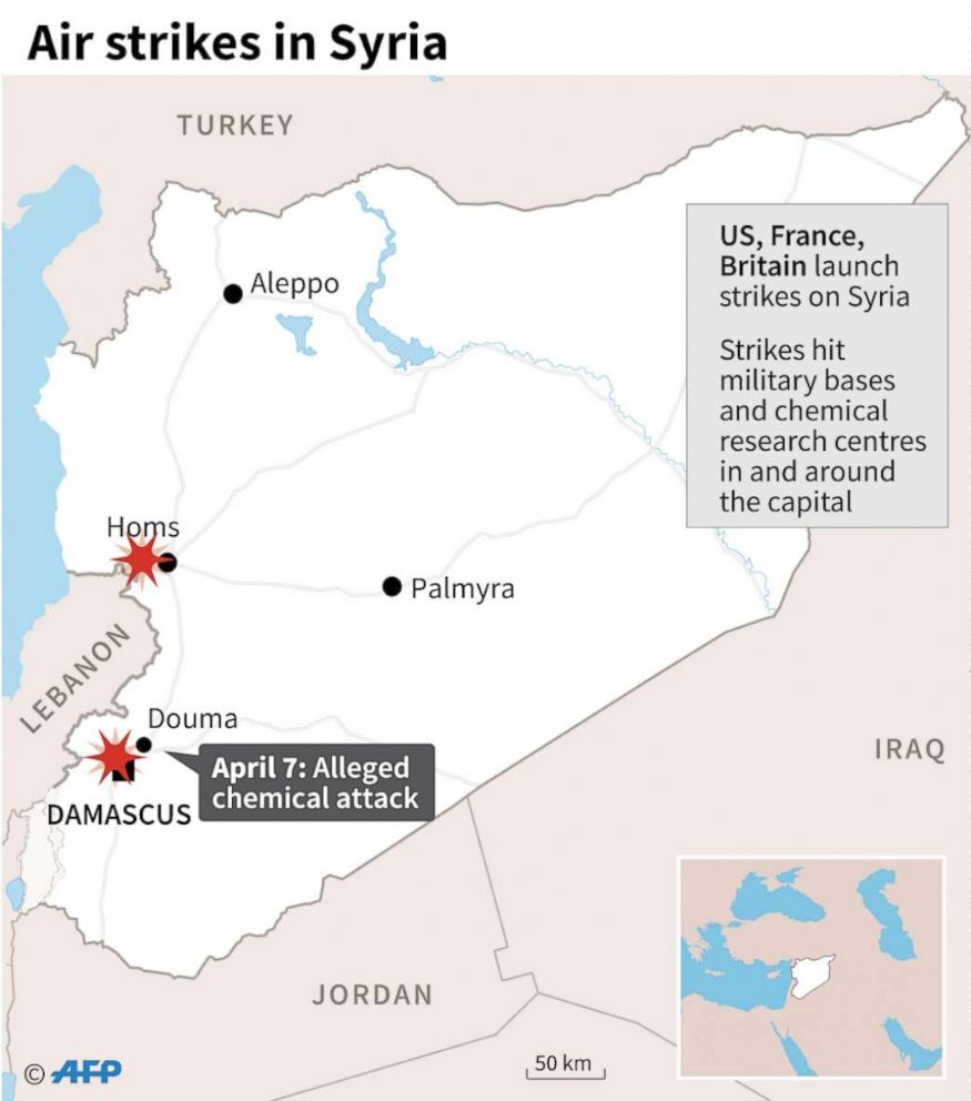 PHOTO: Map of locations of air strikes against Syria on April 14, 2018.