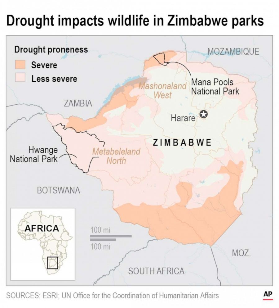 PHOTO: A map shows the areas where drought in Zimbabwe is killing elephants and other wildlife.