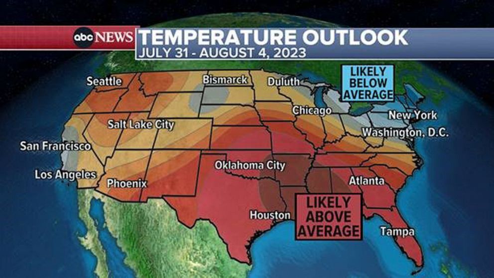 PHOTO: A map shows the forecasted temperature outlook for the United States during July 31-Aug. 4, 2023.