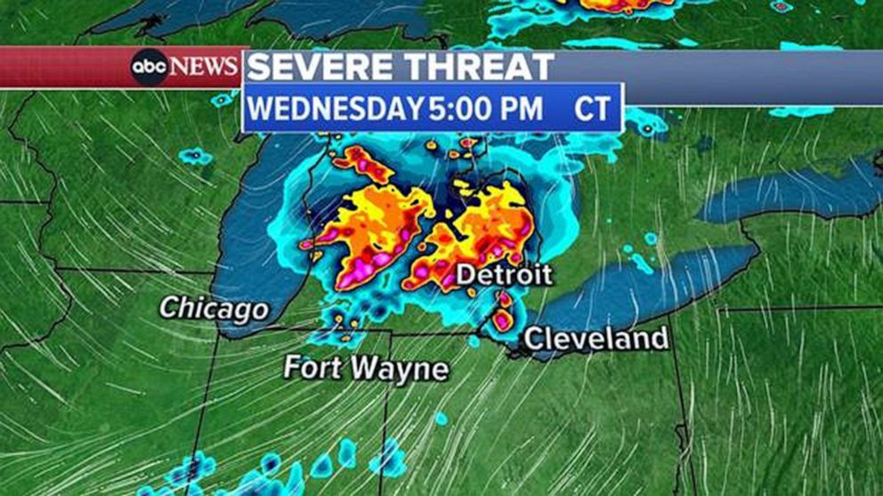 PHOTO: A map shows forecasted storms in the area of Detroit, Michigan, at 5 p.m. CT on July 26, 2023.