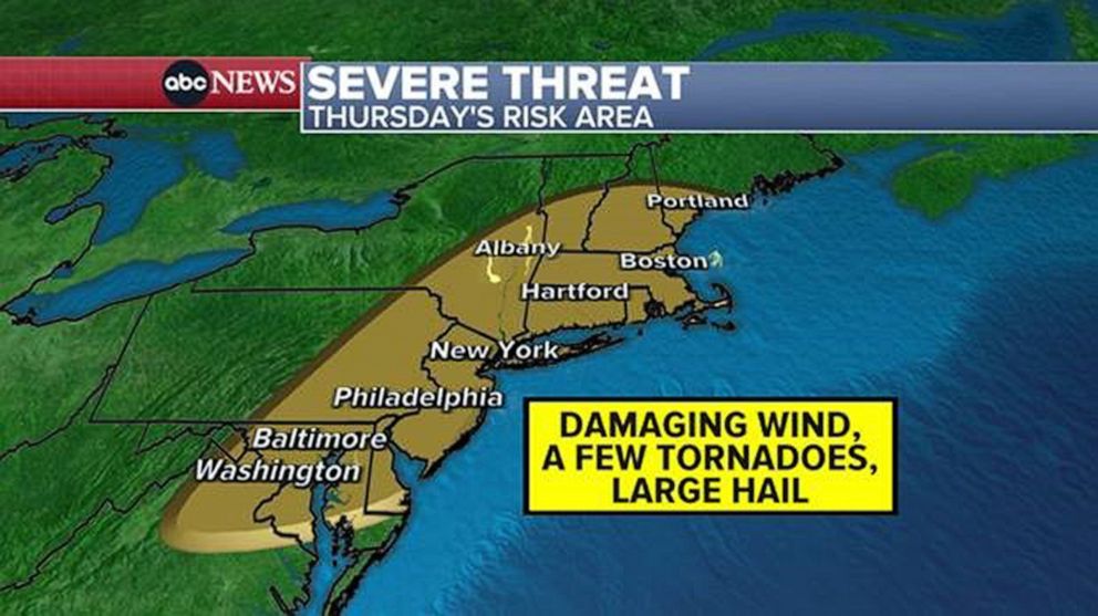 PHOTO: A severe threat of damaging winds, large hail and a few tornadoes is in the forecast from from Washington, D.C., to Portland, Maine, on July 27, 2023.