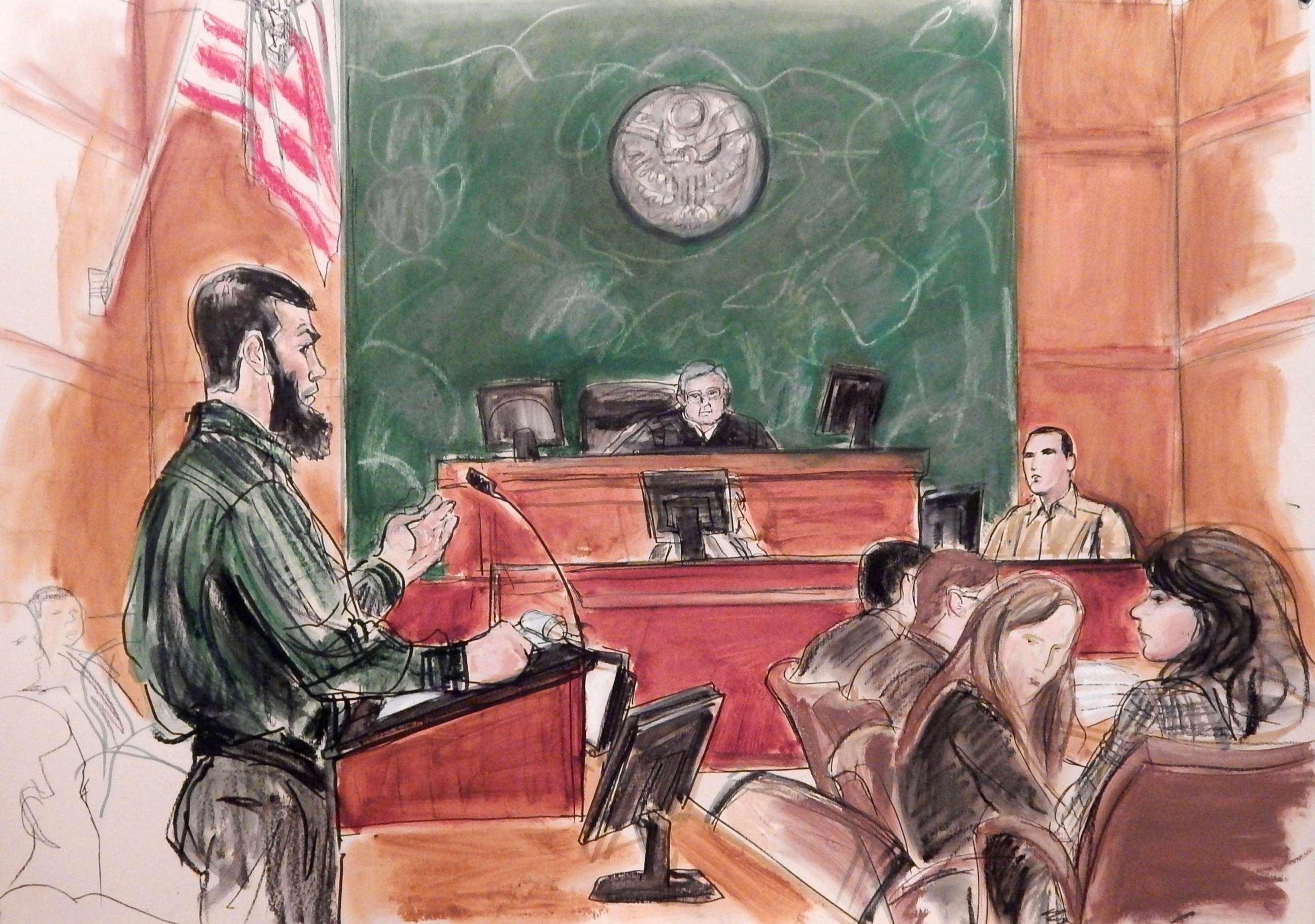 PHOTO: A courtroom sketch shows Judge Raymond Dearie as he listens from the bench in federal court in the Brooklyn borough of New York, Wednesday, Feb. 18, 2015.