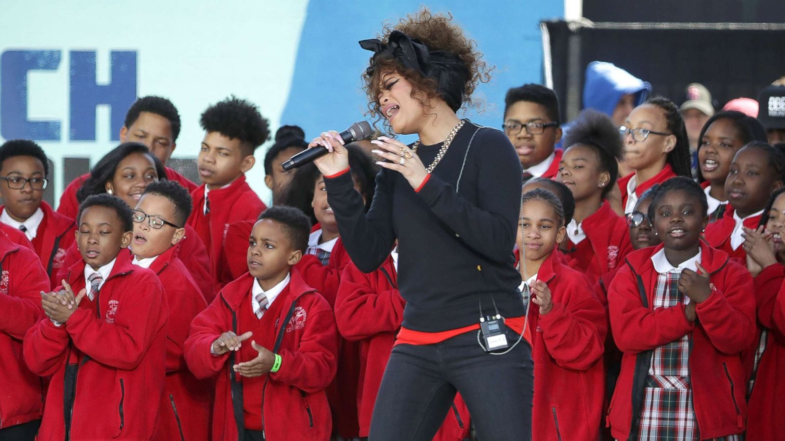 PHOTO: Andra Day performs "Rise Up" with members of the Cardinal Shehan School Choir during the March for Our Lives rally, on March 24, 2018 in Washington, D.C.