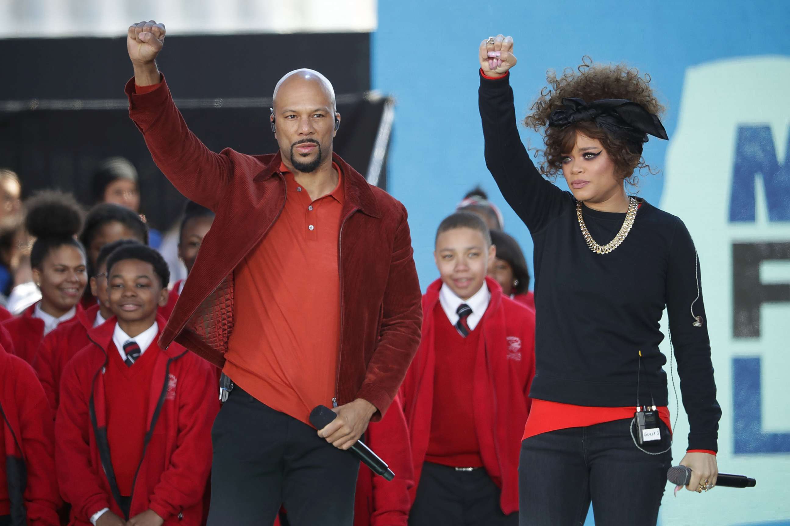 PHOTO: Common and Andra Day perform "Stand Up For Something" with members of the Cardinal Shehan School Choir during the March for Our Lives rally, March 24, 2018, in Washington, D.C. 