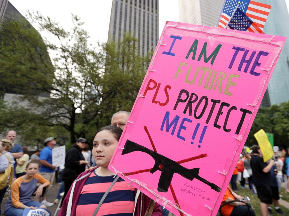 PHOTO: Lillie Perez, 11, holds a sign during a March for Our Lives demonstrations for gun legislation and school safety Saturday, March 24, 2018, in Houston. 