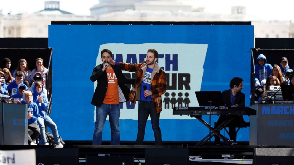 PHOTO: Lin-Manuel Miranda, left, and Ben Platt perform "Found Tonight" during the March for Our Lives rally in support of gun control, March 24, 2018, in Washington D.C..