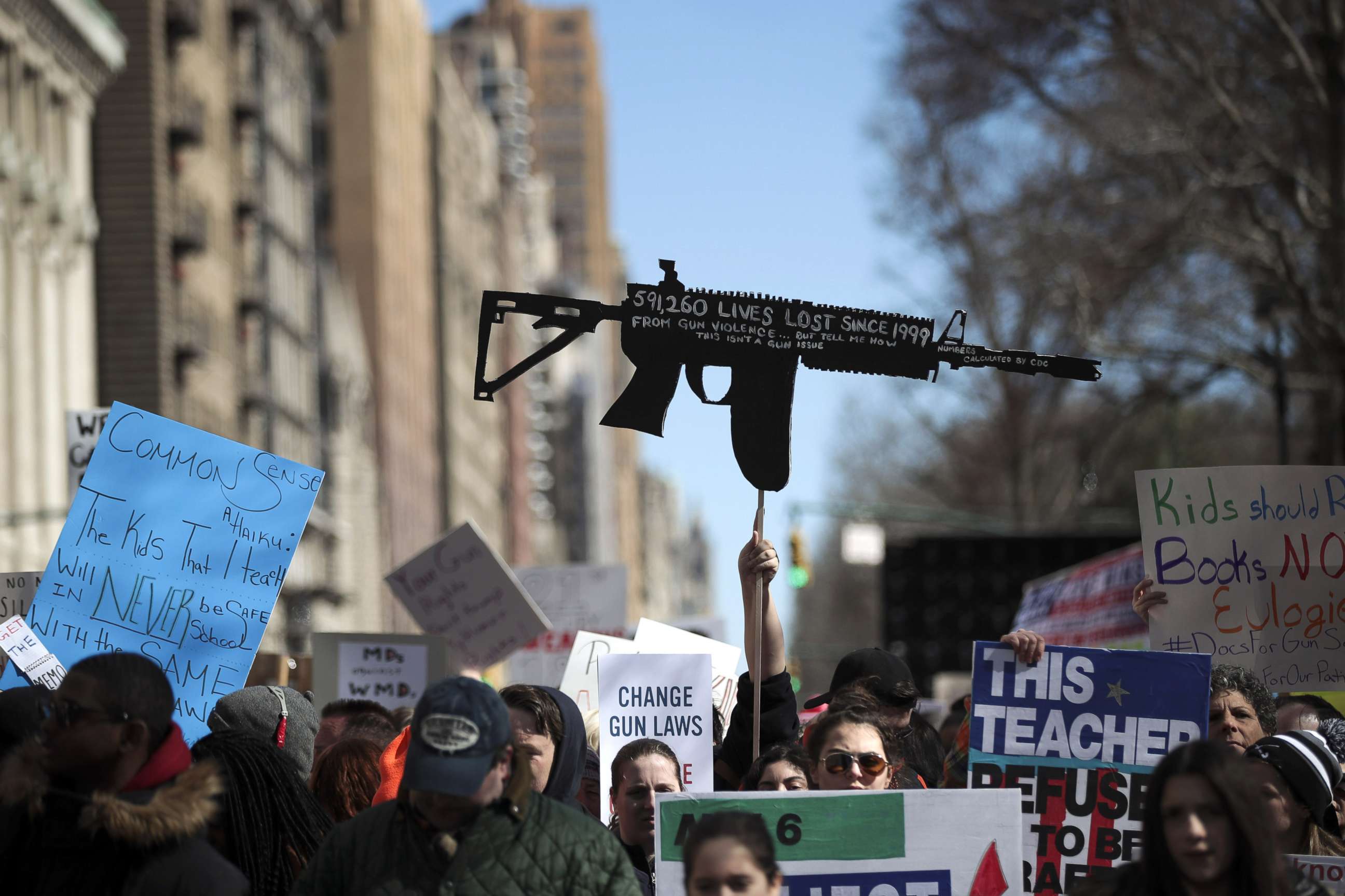 PHOTO: Demonstrators attend the March For Our Lives just north of Columbus Circle, March 24, 2018, in New York.
