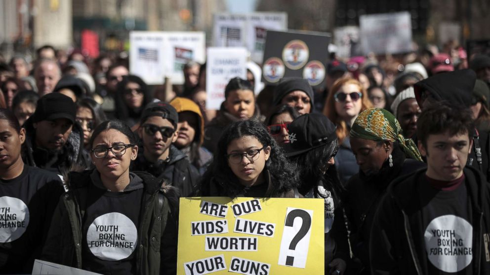 PHOTO: Demonstrators attend the March For Our Lives just north of Columbus Circle, March 24, 2018, in New York.