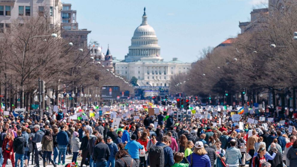 PHOTO: Rally goers demonstrate on Pennsylvania Avenue during the March for Our Lives rally in Washington, D.C., March 24, 2018. 