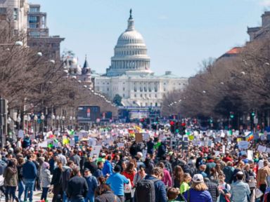 PHOTO: Rally goers demonstrate on Pennsylvania Avenue during the March for Our Lives rally in Washington, D.C., March 24, 2018.