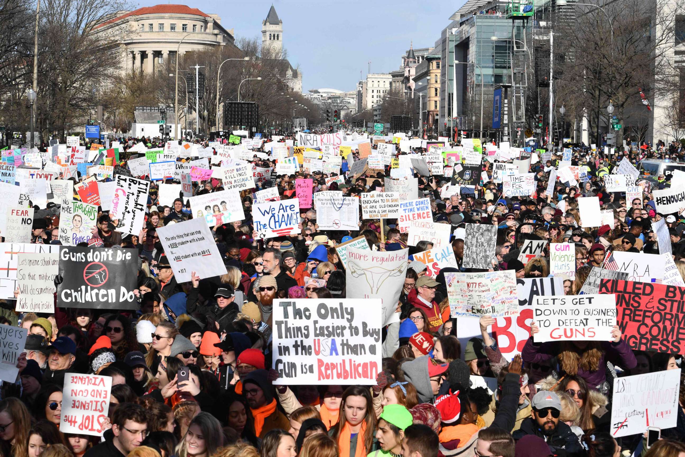 PHOTO: People arrive for the March for Our Lives rally against gun violence in Washington, D.C., March 24, 2018.
