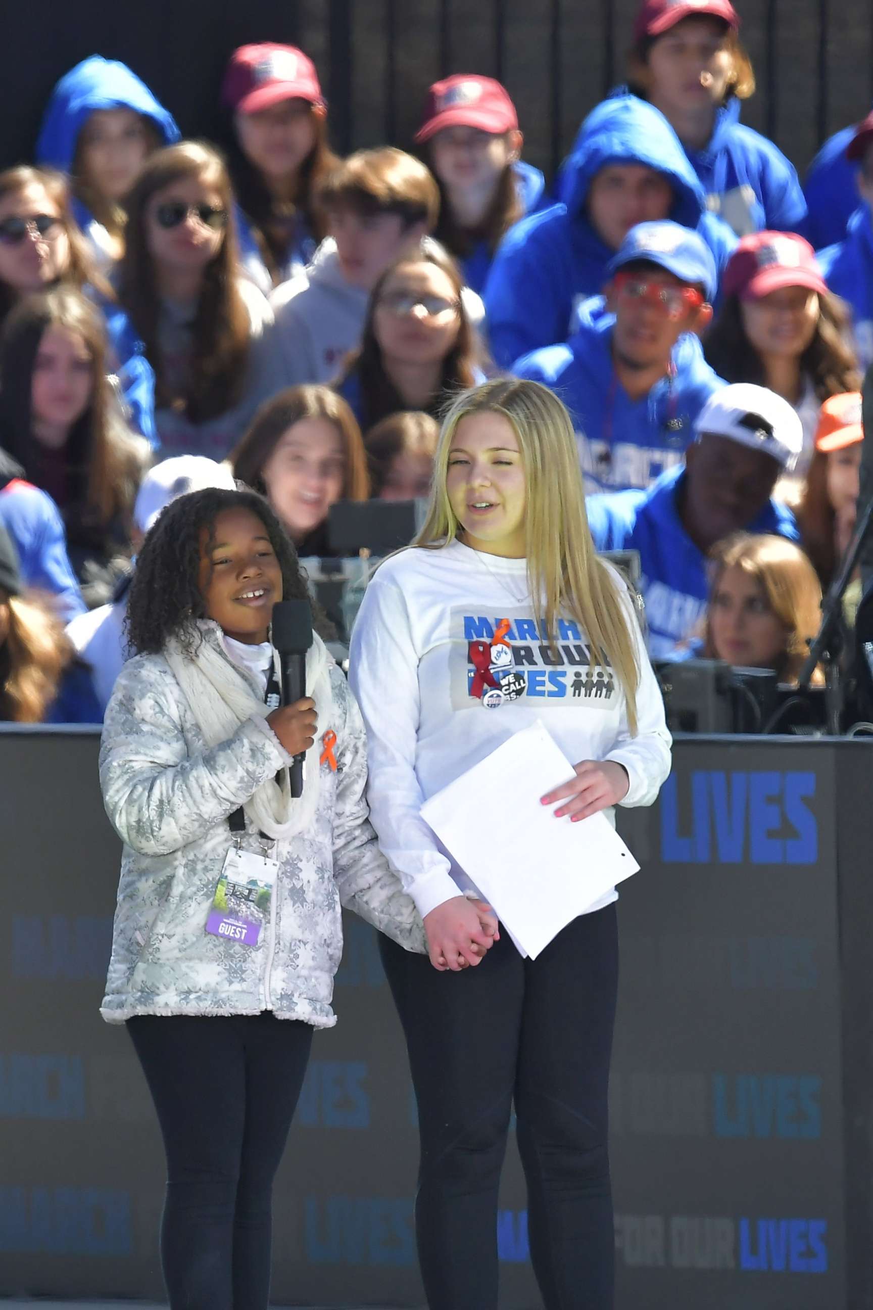 PHOTO: Martin Luther King Jr's granddaughter(L) speaks next to student Jaclyn Corin during the March for Our Lives Rally in Washington, D.C., March 24, 2018. 
