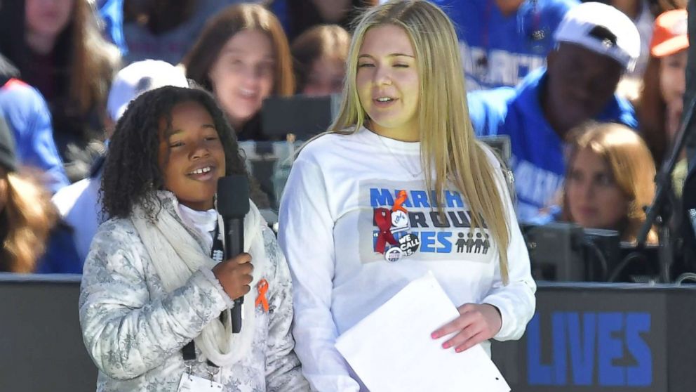 PHOTO: Martin Luther King Jr's granddaughter(L) speaks next to student Jaclyn Corin during the March for Our Lives Rally in Washington, D.C., March 24, 2018. 
