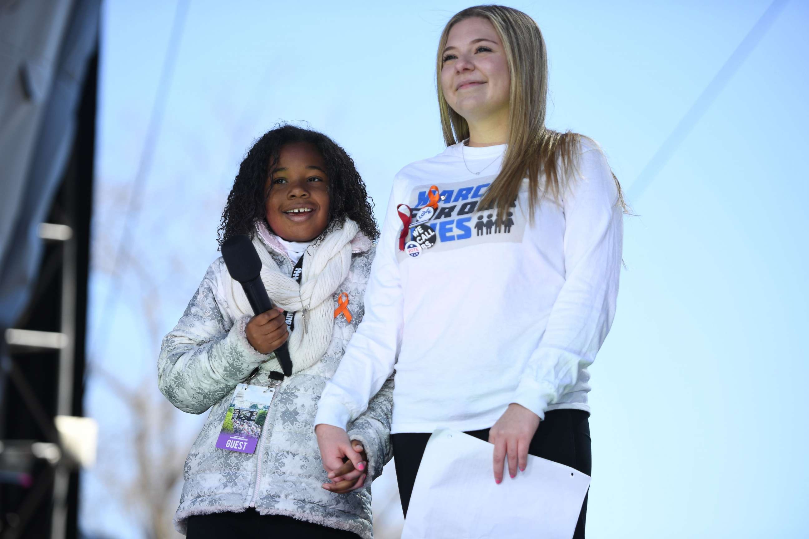 PHOTO: Martin Luther King Jr's granddaughter(L) speaks next to student Jaclyn Corin during the March for Our Lives Rally in Washington, D.C., March 24, 2018. 