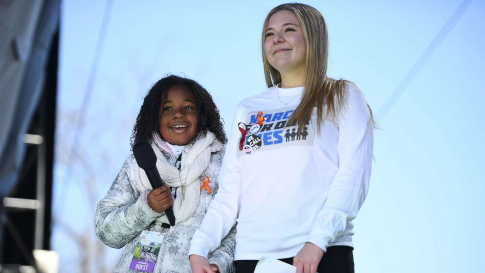 Martin Luther King Jr's granddaughter(L) speaks next to student Jaclyn Corin during the March for Our Lives Rally in Washington, D.C., March 24, 2018.